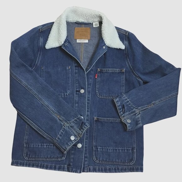 LEVI’S Premium Warm Core Coat Sherpa Denim Jacket XS Blue Workwear Utility Retro - Picture 4 of 7